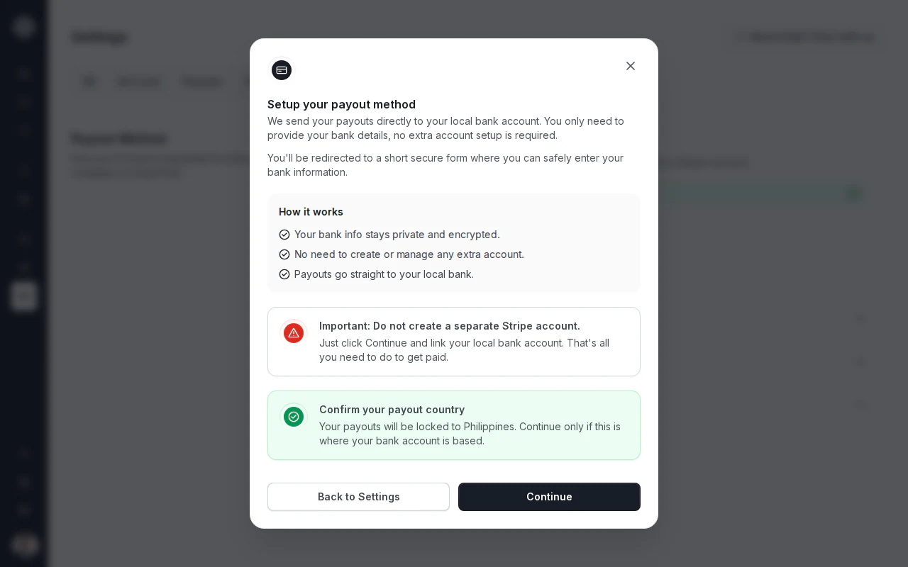OpenTrain AI Modal Setup your payout method, das den Hinweis How it works (Wie es funktioniert), die Warnung Important: Do not create a separate Stripe account (Wichtig: Erstellen Sie kein separates Stripe-Konto), den Hinweis Confirm your payout country (Bestätigen Sie Ihr Auszahlungsland) sowie die Buttons Back to Settings (Zurück zu den Einstellungen) und Continue (Weiter) zeigt.