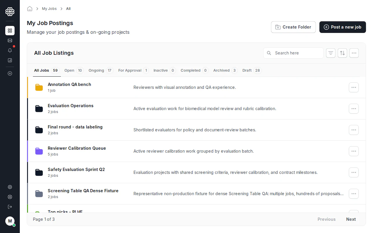 Employer dashboard showing job folders, job status filters, search, reports, messages, settings, and the Post a new job button.