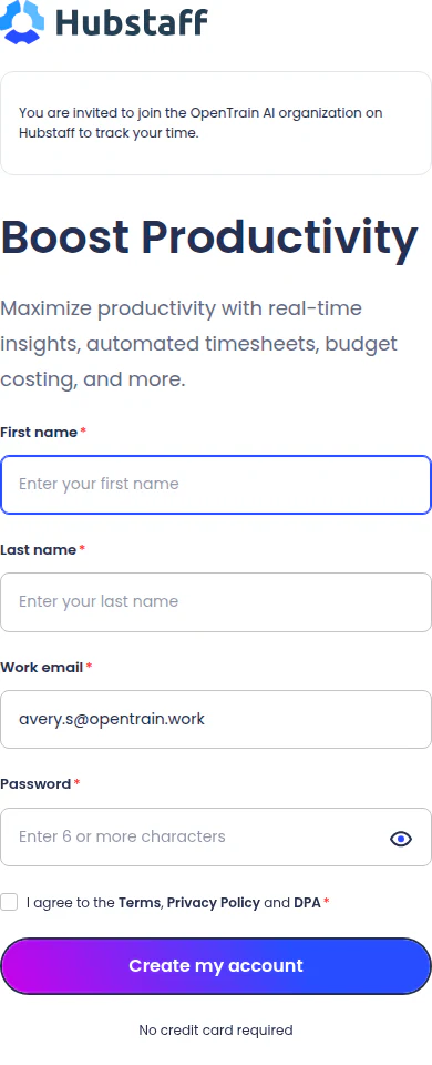 Hubstaff account creation form showing first name, last name, a prefilled OpenTrain Work Email address, a blank password field, terms agreement, and a Create my account button.