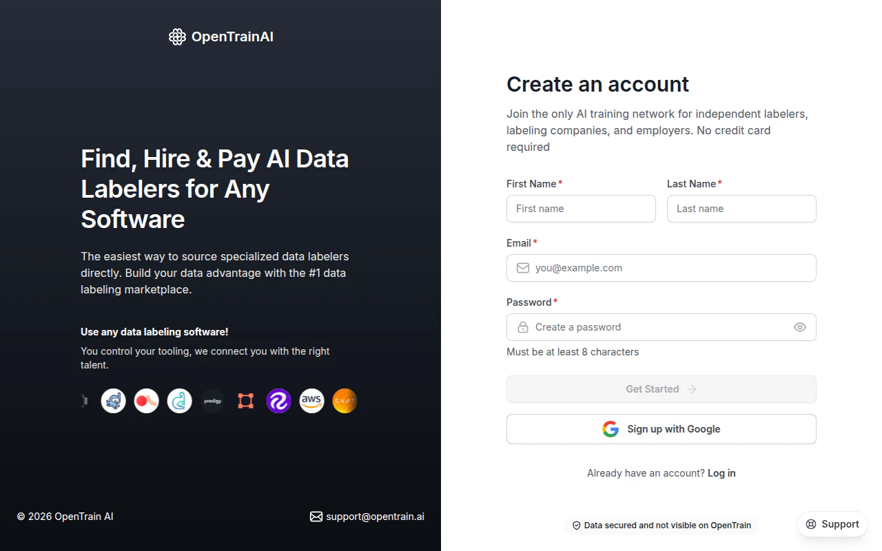 Screenshot der OpenTrain-Seite "Create an account" auf app.opentrain.ai, der die Eingabefelder für Vorname, Nachname, E-Mail und Passwort, eine Schaltfläche "Get Started" und eine Option "Sign up with Google" zeigt, mit der OpenTrain-Marketingbotschaft und Logos unterstützter Datenannotations-Tools auf der linken Seite.