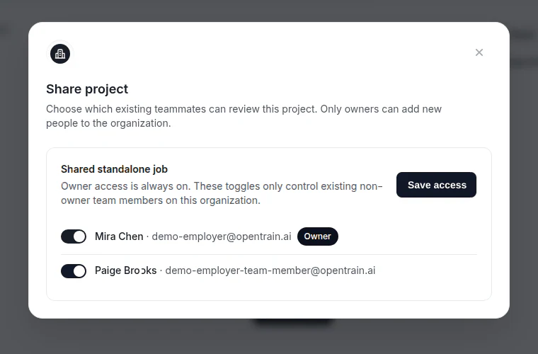 Focused crop of the Share project modal showing an existing teammate selected and the Save access button enabled.