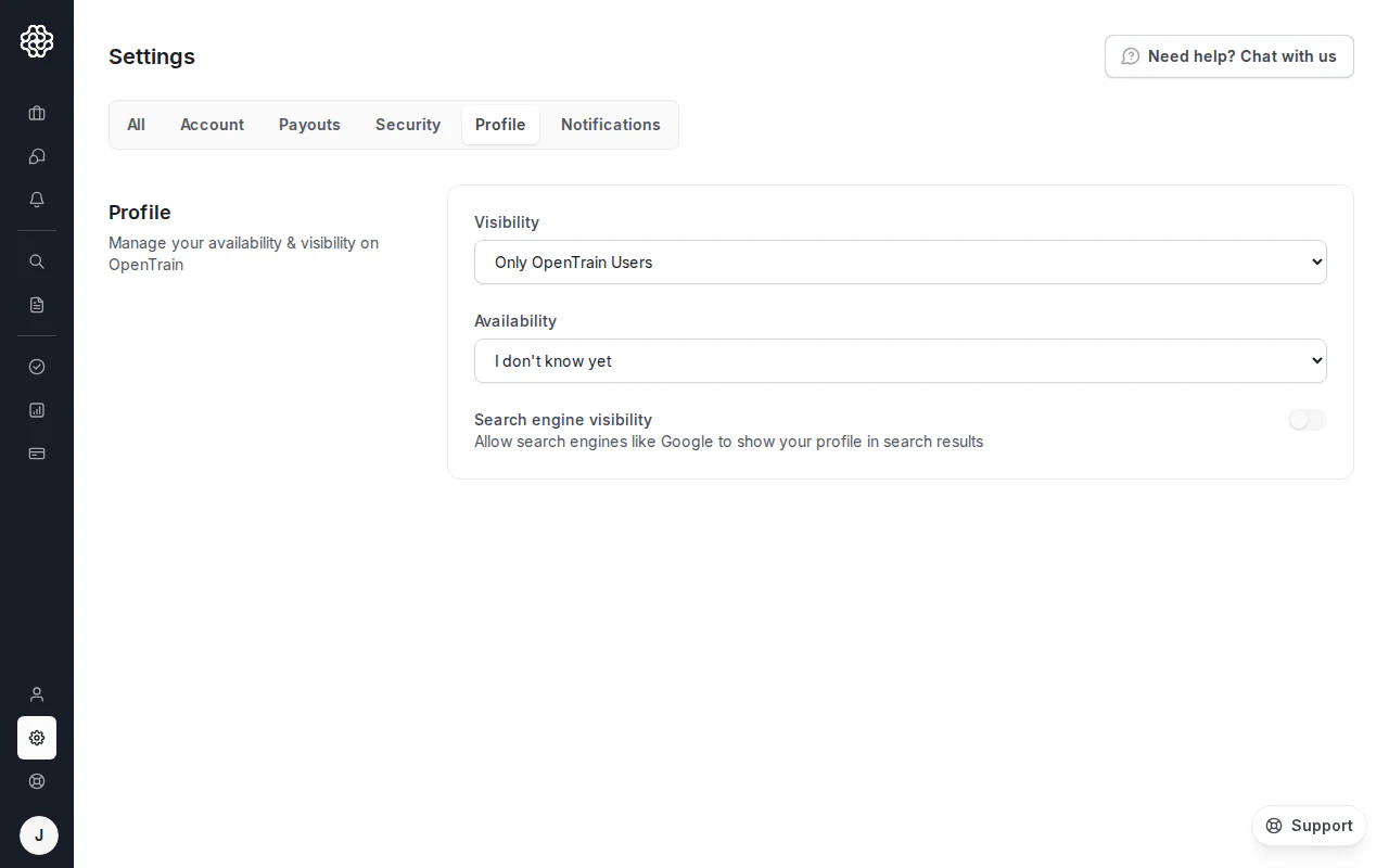 Die Seite „Settings“ (Einstellungen) mit ausgewähltem Tab „Profile“ (Profil). Eine Karte mit der Bezeichnung „Profile“ und der Beschreibung „Manage your availability and visibility on OpenTrain“ (Verwalten Sie Ihre Verfügbarkeit und Sichtbarkeit auf OpenTrain) enthält ein Dropdown-Menü „Visibility“ (Sichtbarkeit), das auf „Only OpenTrain Users“ (Nur OpenTrain-Nutzer) eingestellt ist, ein Dropdown-Menü „Availability“ (Verfügbarkeit), das auf „I don't know yet“ (Ich weiß noch nicht) eingestellt ist, und einen deaktivierten Schalter „Search engine visibility“ (Suchmaschinensichtbarkeit) mit der Beschriftung „Allow search engines like Google to show your profile in search results“ (Erlauben Sie Suchmaschinen wie Google, Ihr Profil in den Suchergebnissen anzuzeigen).