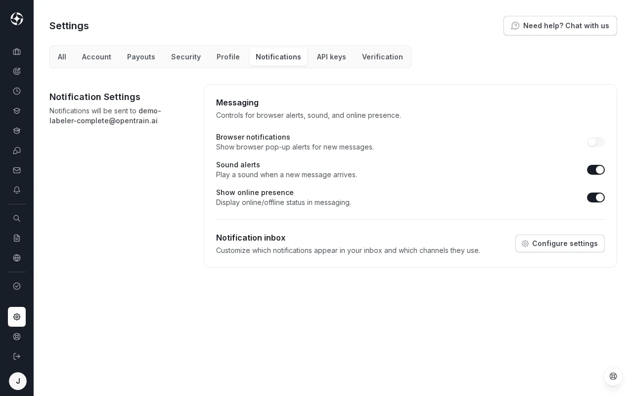 The Notifications tab in Settings for a demo AI trainer account. Under Messaging are the Browser notifications, Sound alerts and Show online presence switches. Below them, the Notification inbox row has a Configure settings button.