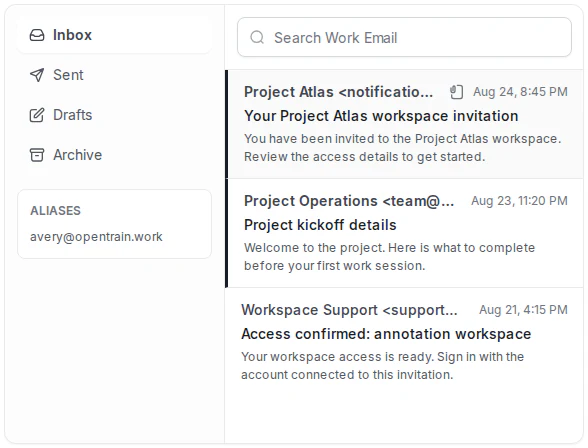 Example OpenTrain Work Email Inbox with Inbox selected, a search box, and three sample incoming messages.