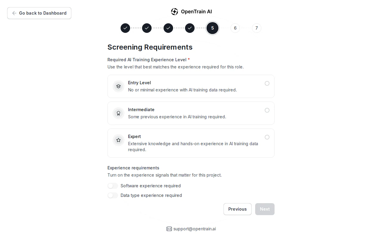 Employer job wizard showing the required AI training experience level options and experience requirement toggles.