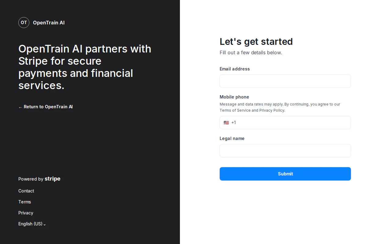 Der erste Schritt des von Stripe gehosteten sicheren Formulars, das von OpenTrain aus geöffnet wird, mit dem OpenTrain-Branding-Panel auf der linken Seite und den Formularfeldern auf der rechten Seite, in die der Freelancer beginnt, seine Bankdaten einzugeben.