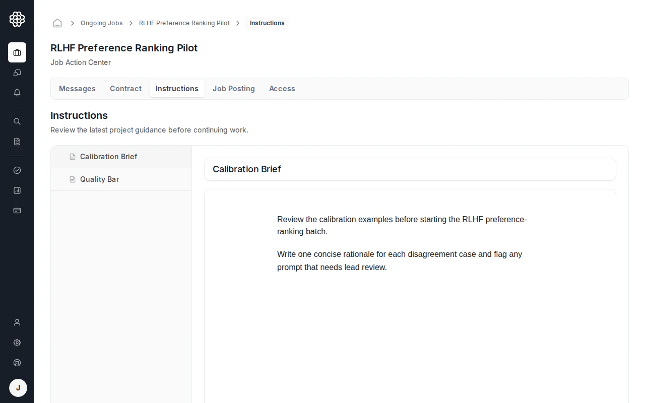 Ansicht zur Auftragsverwaltung für AI trainer in OpenTrain mit ausgewähltem Tab Instructions (Anweisungen). Ein veröffentlichtes Anweisungsdokument ist sichtbar, das Aufgabenrichtlinien, Qualitätsstandards und Annotationsanforderungen für den Auftrag enthält.