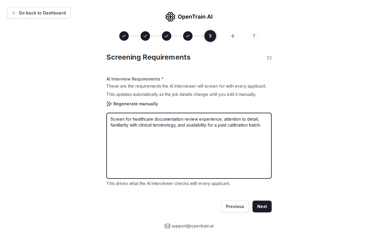 Employer job wizard showing AI interview requirements for healthcare documentation review experience.