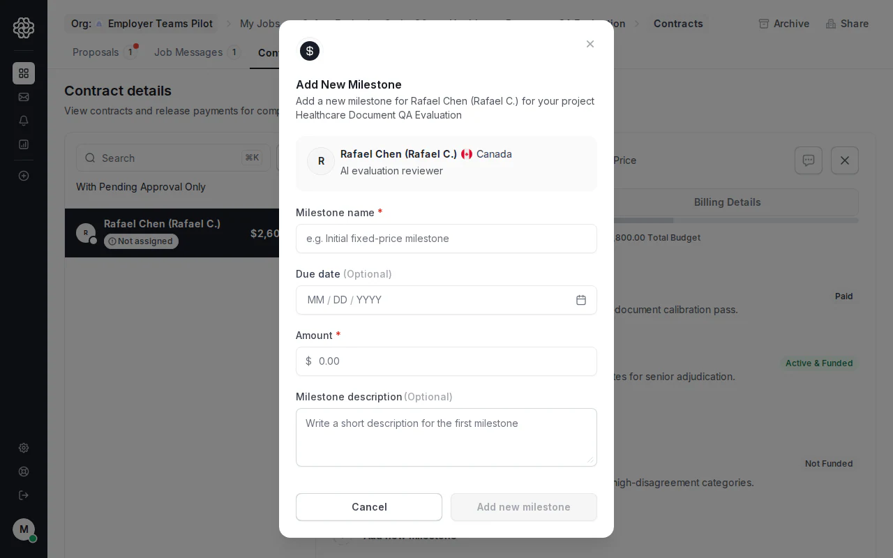 Employer Add Milestone modal with fields for milestone name, description, amount, and due date.