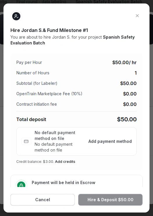 Employer hire and fund modal showing an AI trainer, hourly rate, one funded hour, deposit total, payment method, credit balance, escrow note, and Hire and Deposit action.