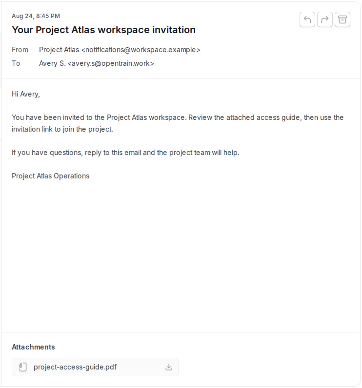 Example received Work Email showing the sender, recipient, subject, message body, PDF attachment, and Reply, Forward, and Archive controls.