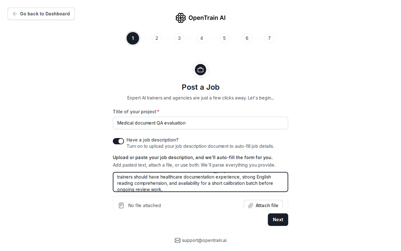 Post a Job wizard Step 1 with a medical document QA title, pasted job description text, and an attach file control.