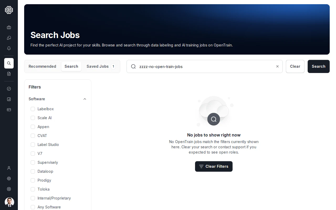 Die Jobs-Seite von OpenTrain in der Ansicht ohne Einträge, wobei weder unter Recommended (Empfohlen) noch im Jobs-Katalog Stellen aufgeführt sind.