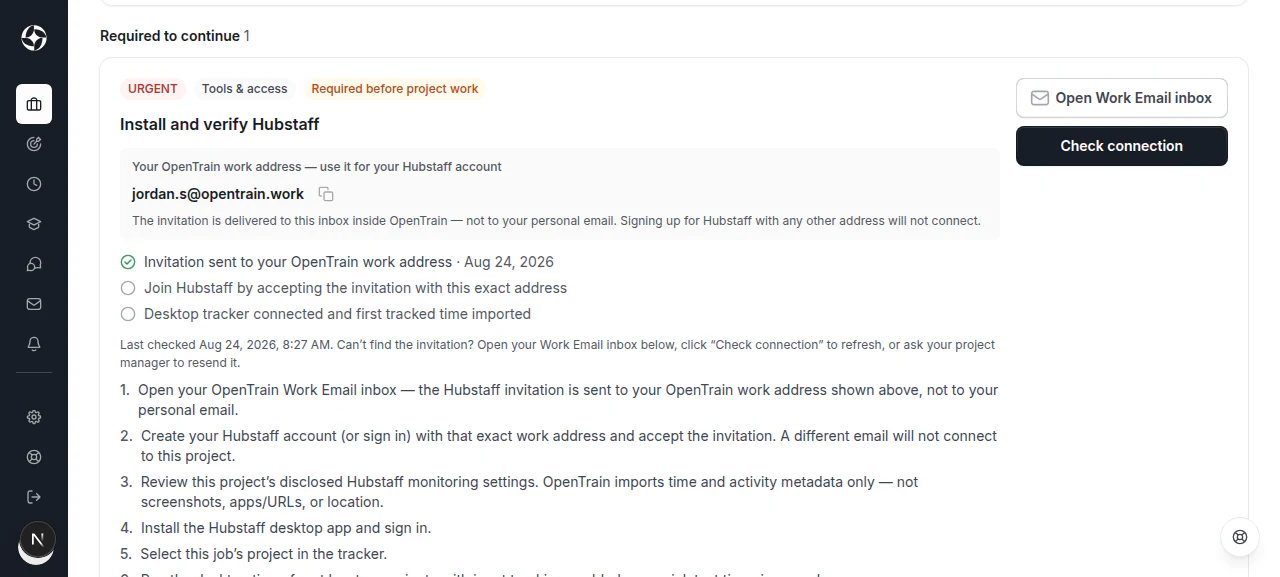 OpenTrain Hubstaff Project To-do showing invitation progress, an Open Work Email inbox button, setup guidance, and the Check connection action.