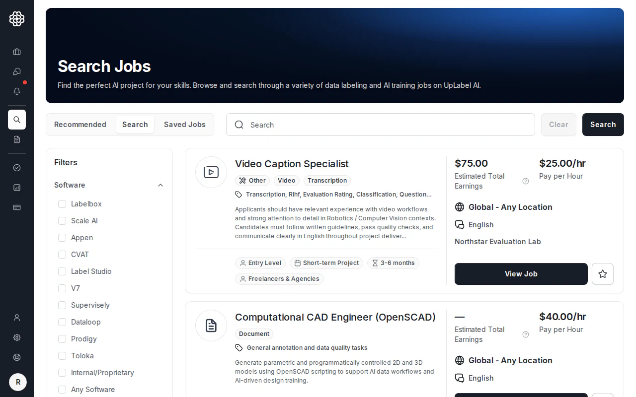 Die Seite „Find Jobs“ (Jobs finden) für AI Trainer zeigt die Kopfzeile „Search Jobs“ (Jobs suchen), die Tabs „Recommended“ (Empfohlen), „Search“ (Suche) und „Saved Jobs“ (Gespeicherte Jobs), Softwarefilter, Jobkarten, Budgets, Standorte, Sprachanforderungen, Speichern-Schaltflächen und „View Job“-Aktionen (Job ansehen).
