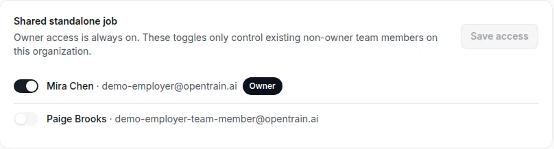 Focused crop of the Project access card showing the owner row, teammate toggle, and Save access button.