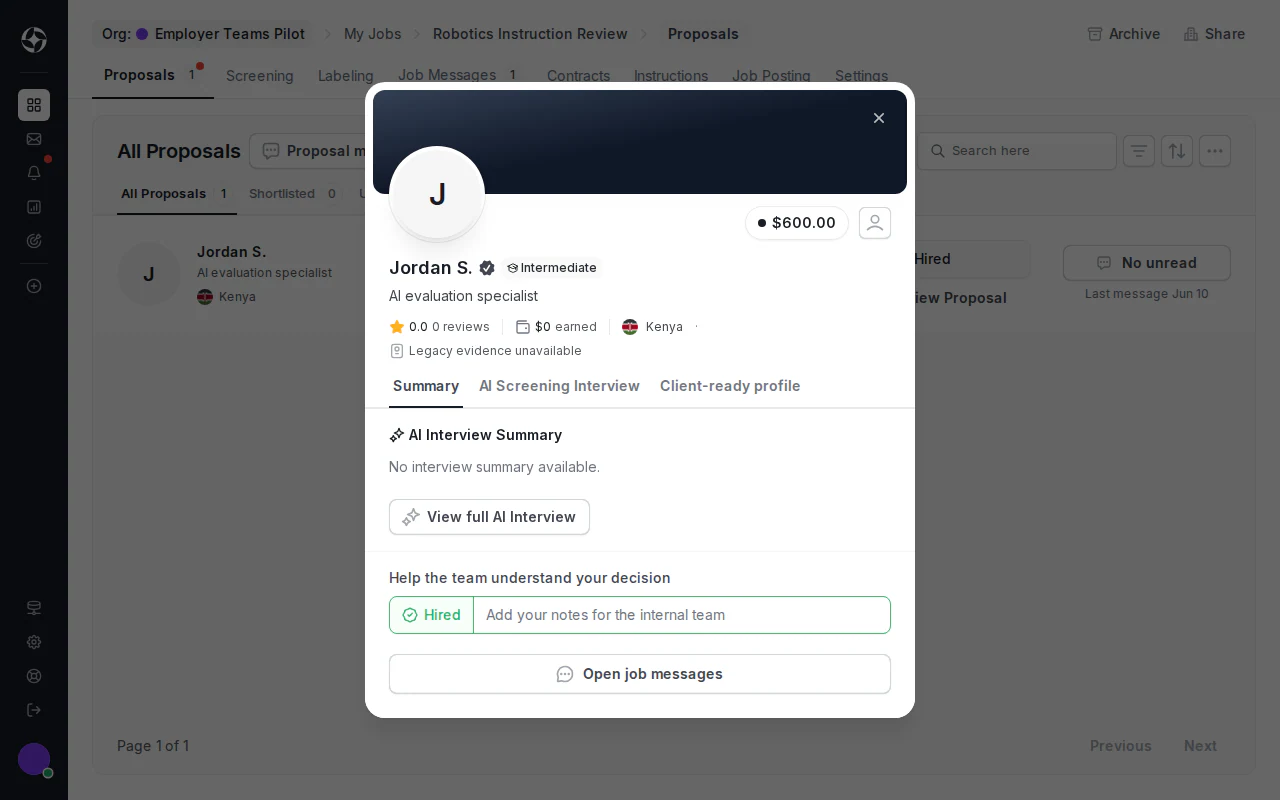 Employer proposal detail modal showing a hired AI trainer, Hired status, internal notes field, and Open job messages action.