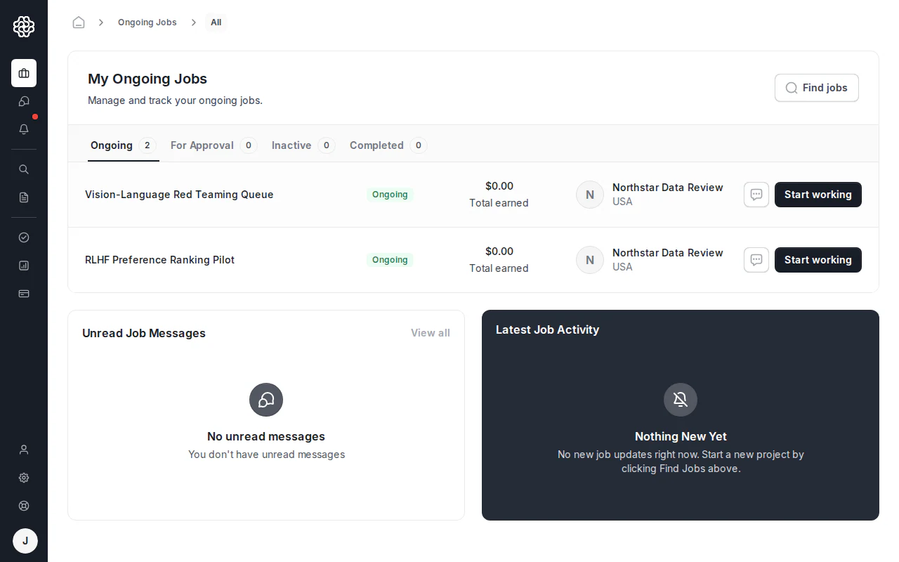 Dashboard für AI trainer in OpenTrain, das Panels für laufende Jobs, ungelesene Job-Nachrichten und die neuesten Job-Aktivitäten zeigt. Jede Karte für einen aktiven Job enthält den Jobtitel, den Arbeitgeber, den Status und eine Aktion „Start working“ (Arbeit beginnen).