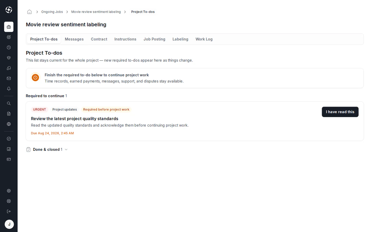 OpenTrain active job page with the Project To-dos tab selected. The page shows a required project update, its due date, and the I have read this completion button.