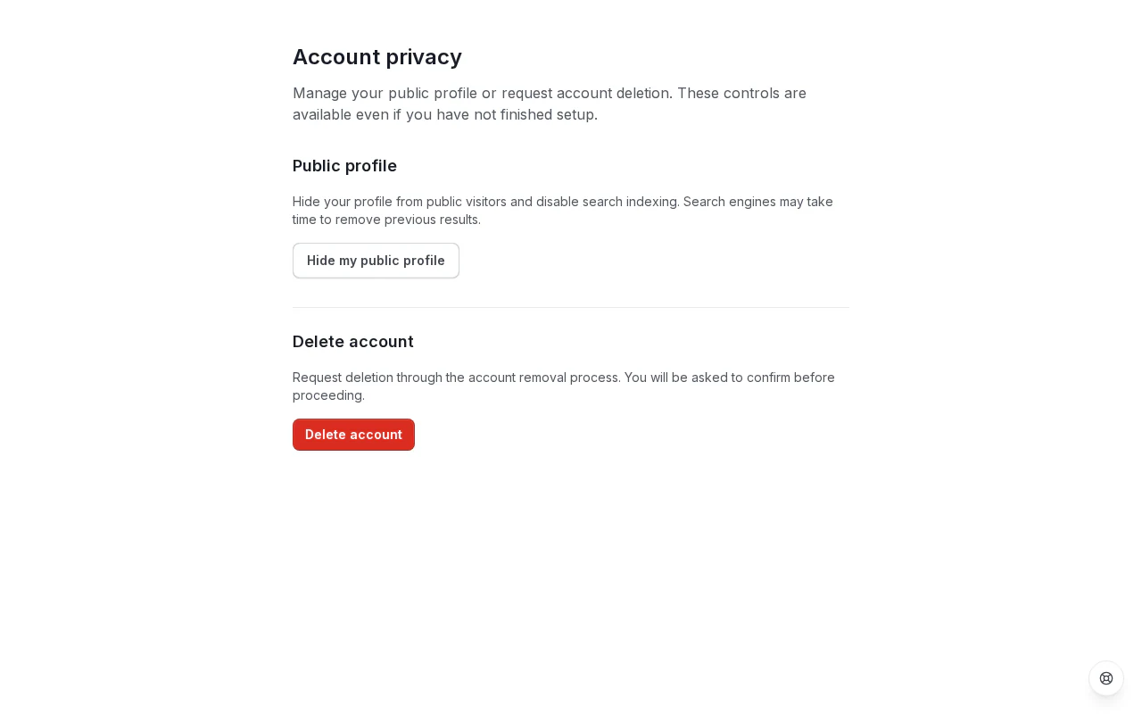 Screenshot der OpenTrain AI-Seite Account privacy (Datenschutzeinstellungen), der den Bereich Delete account (Konto löschen) mit einem roten Button Delete account (Konto löschen) zeigt.