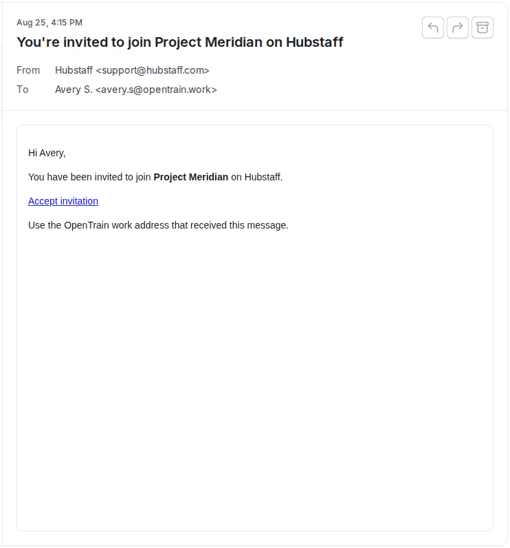 OpenTrain Work Email reader showing a synthetic Hubstaff project invitation and its Accept invitation link.