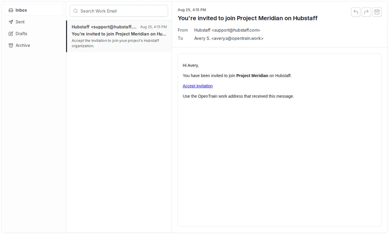 OpenTrain Work Email Inbox showing an unread synthetic Hubstaff project invitation in the message list.