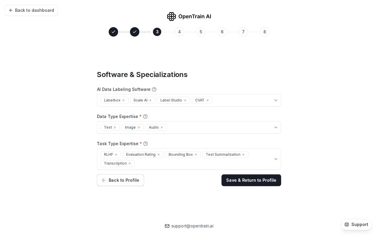 The Software & Specializations wizard step with three labelled chip strips. AI Data Labeling Software shows Labelbox, Scale AI, Label Studio, and CVAT. Data Type Expertise shows Text, Image, and Audio. Task Type Expertise shows RLHF, Evaluation Rating, Bounding Box, Text Summarization, and Transcription.