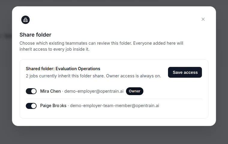 Focused crop of the Share folder modal showing inherited job count, an existing teammate selected, and Save access enabled.