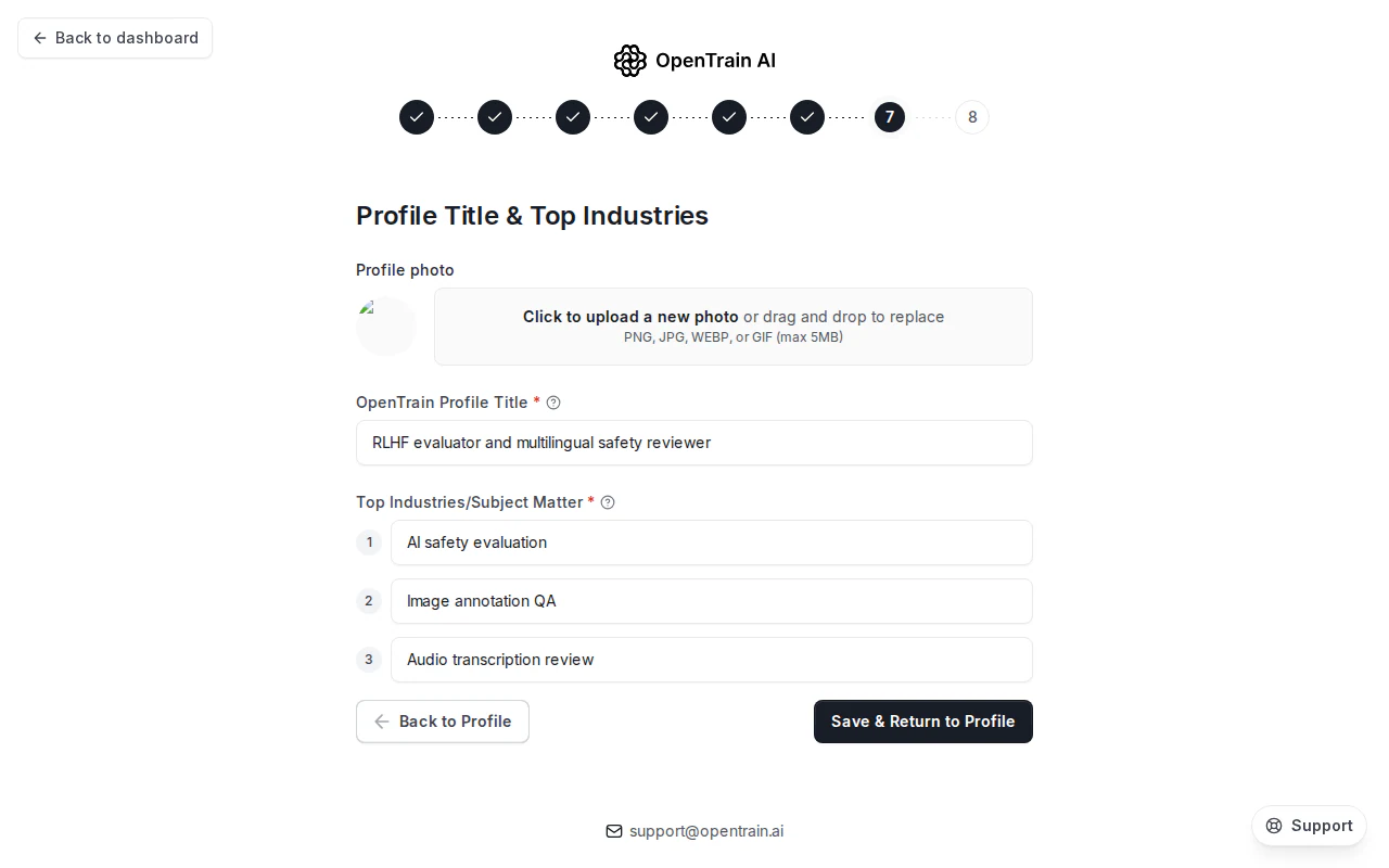The Profile Title & Top Industries wizard step. A profile photo upload card sits at the top. Below it, the OpenTrain Profile Title field reads 'RLHF evaluator and multilingual safety reviewer'. Three numbered Top Industries/Subject Matter slots are filled with 'AI safety evaluation', 'Image annotation QA', and 'Audio transcription review'.