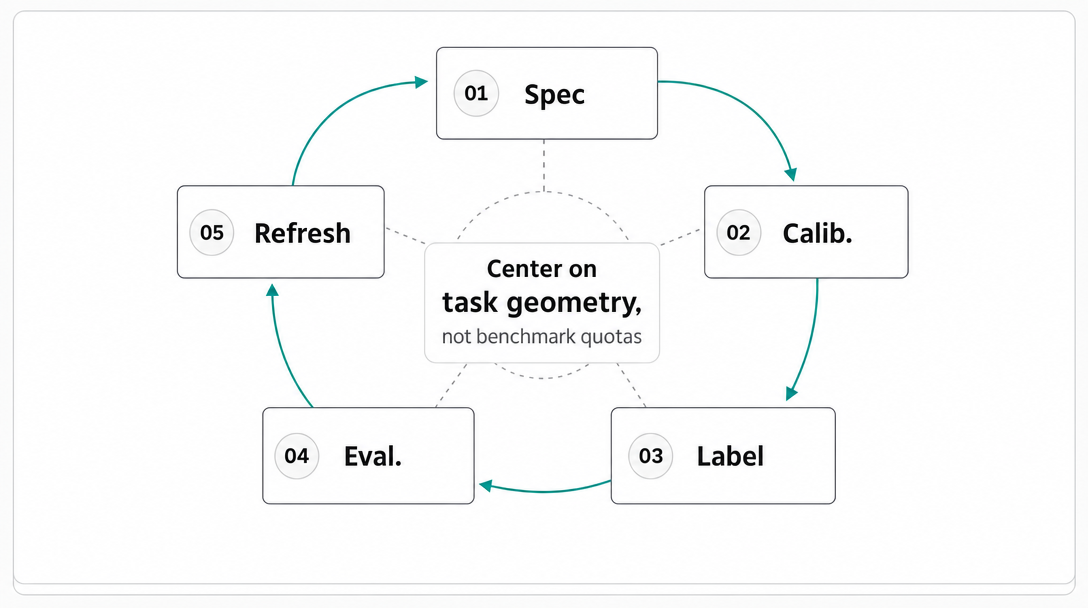 Five-step RLHF scoping loop showing 01 Spec, 02 Calib., 03 Label, 04 Eval., and 05 Refresh around the center principle: task geometry, not benchmark quotas.