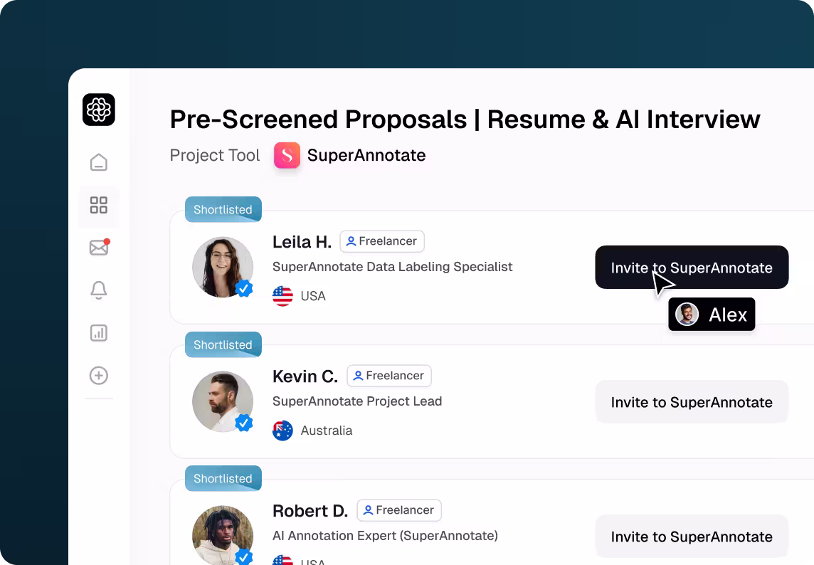 OpenTrain Interface Listing Pre-Screened SuperAnnotate AI Trainers and Data Labelers With Buttons to Invite Them Into the SuperAnnotate Workspace.