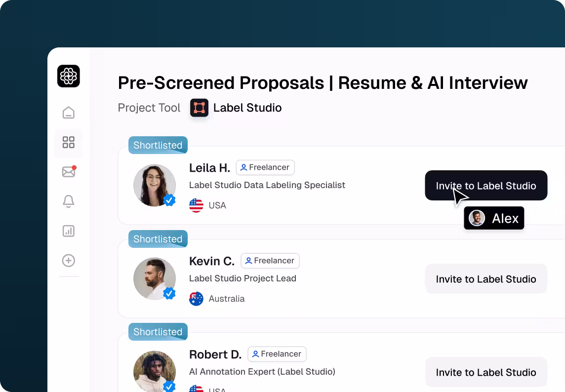 OpenTrain Interface Listing Pre-Screened Label Studio AI Trainers and AI Data Labelers With Buttons to Invite Them Into the Label Studio Workspace.