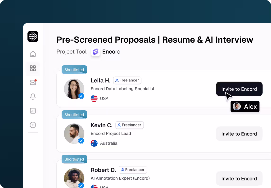 OpenTrain interface listing pre-screened Encord AI Trainers and AI Data Labelers with buttons to invite them into the Encord workspace.