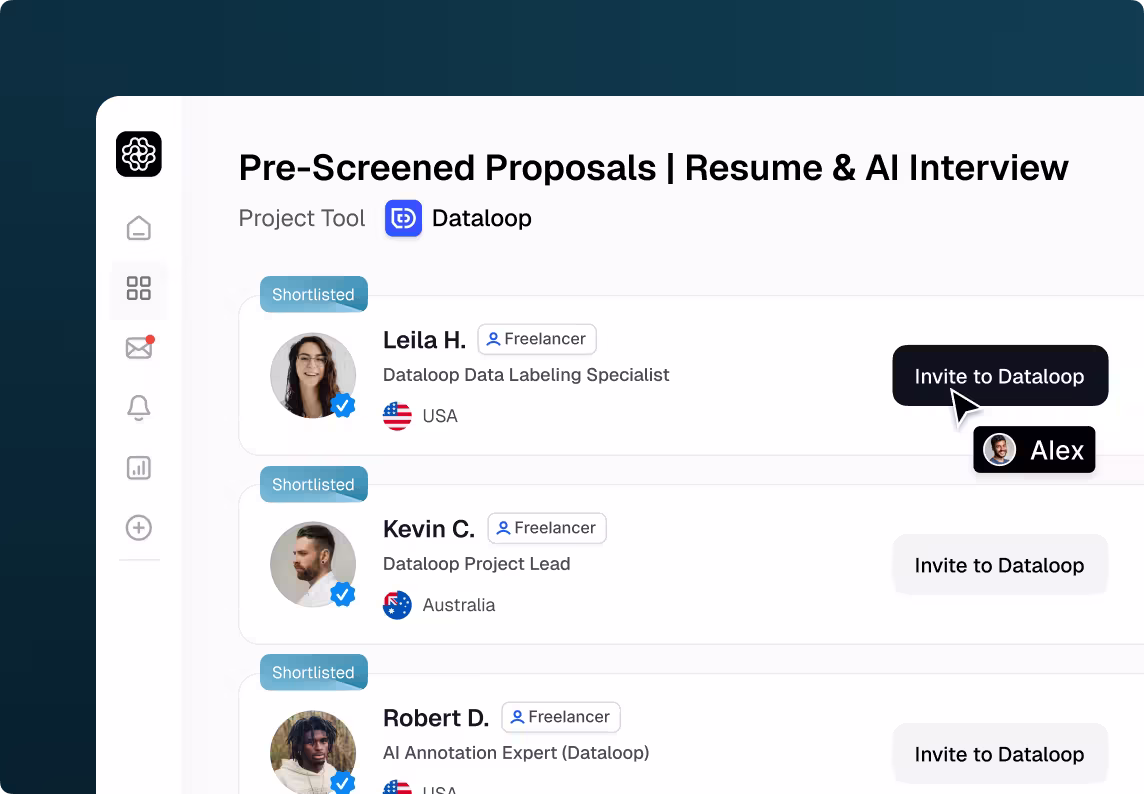 OpenTrain interface listing pre-screened Dataloop AI Trainers and AI Data Labelers with options to invite them into the Dataloop workspace.