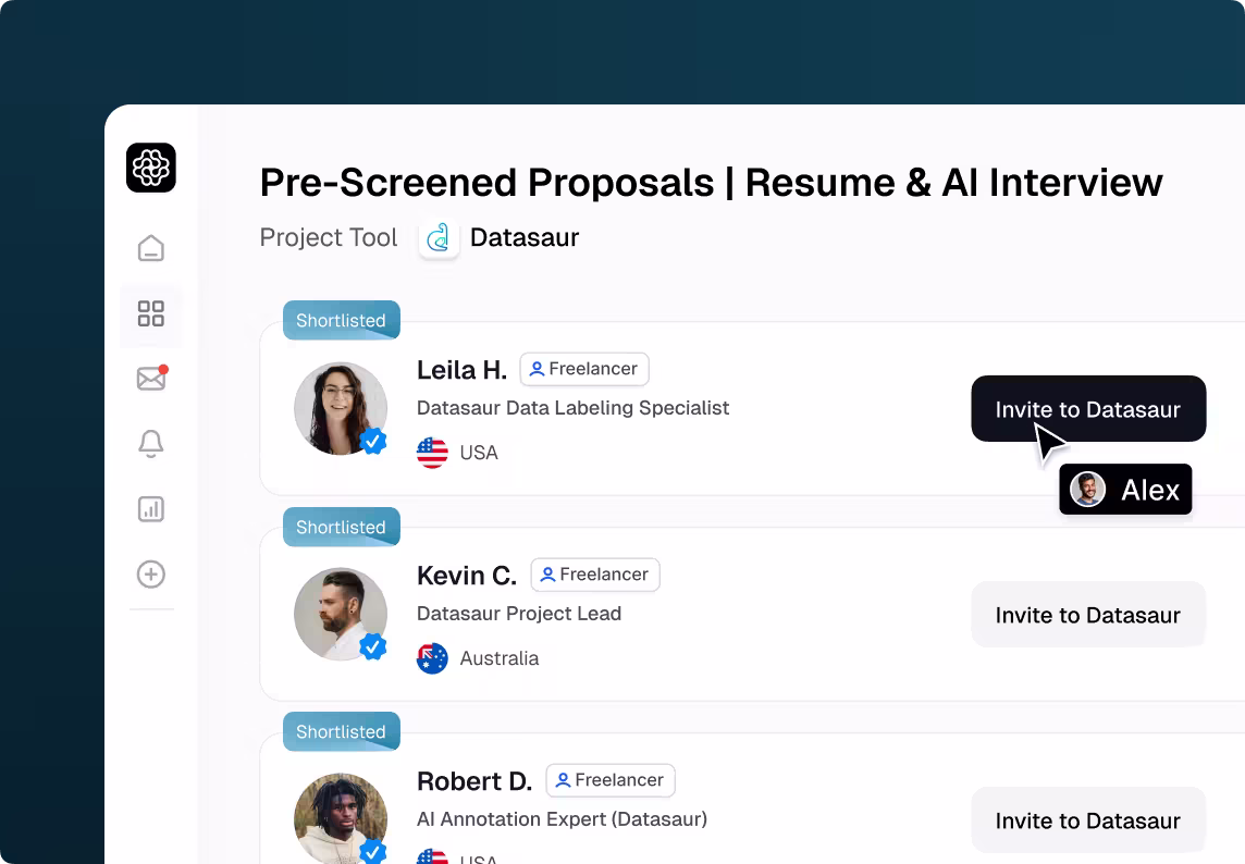 OpenTrain proposals interface listing pre-screened Datasaur AI Trainers and AI Data Labelers with Invite to Datasaur buttons for each candidate.