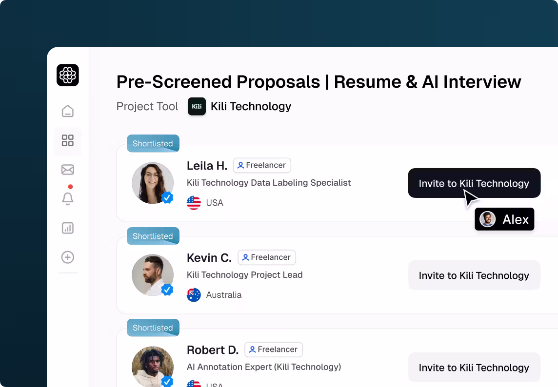 OpenTrain proposals panel listing Kili Technology AI Trainers and AI Data Labelers with controls to invite chosen candidates into the Kili workspace.