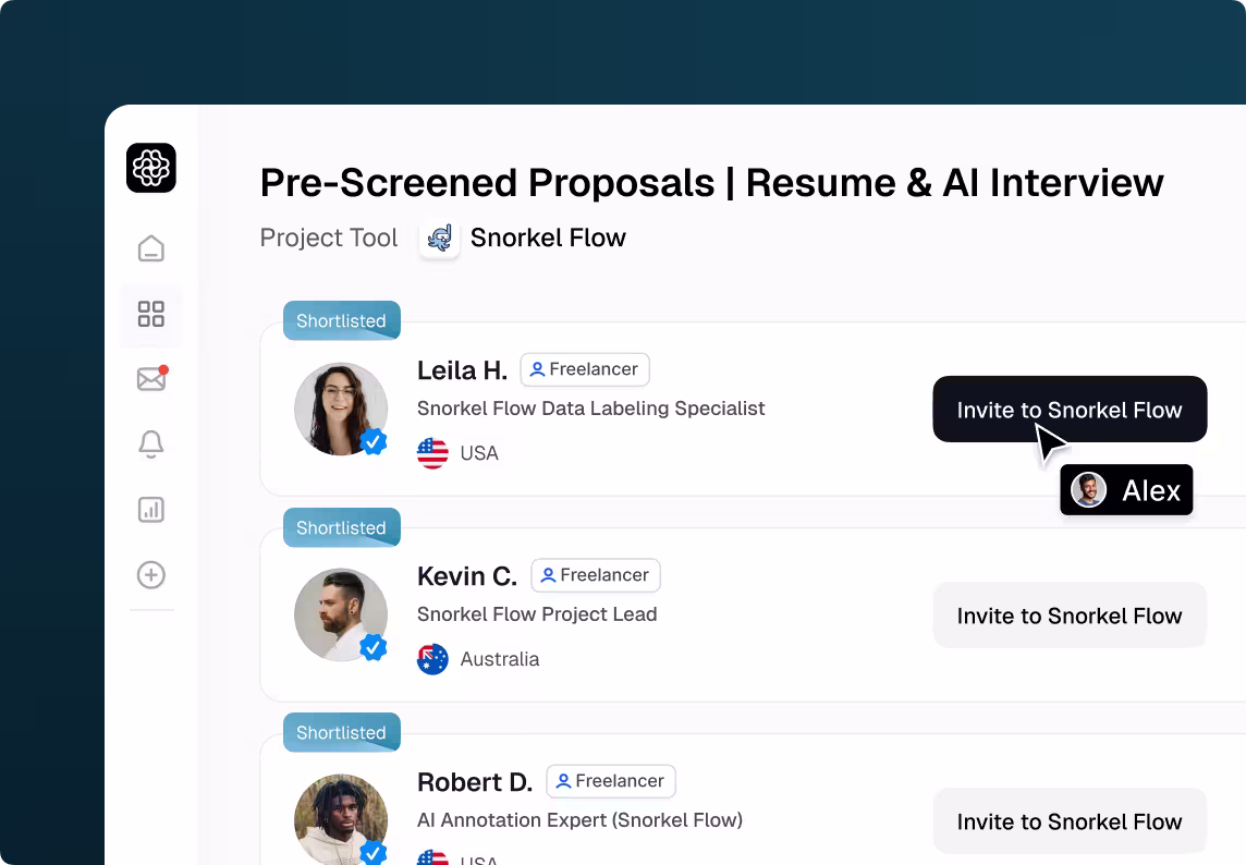 OpenTrain proposals panel displaying pre-screened Snorkel AI Trainers and AI Data Labelers with controls to invite selected talent into a Snorkel AI workspace.