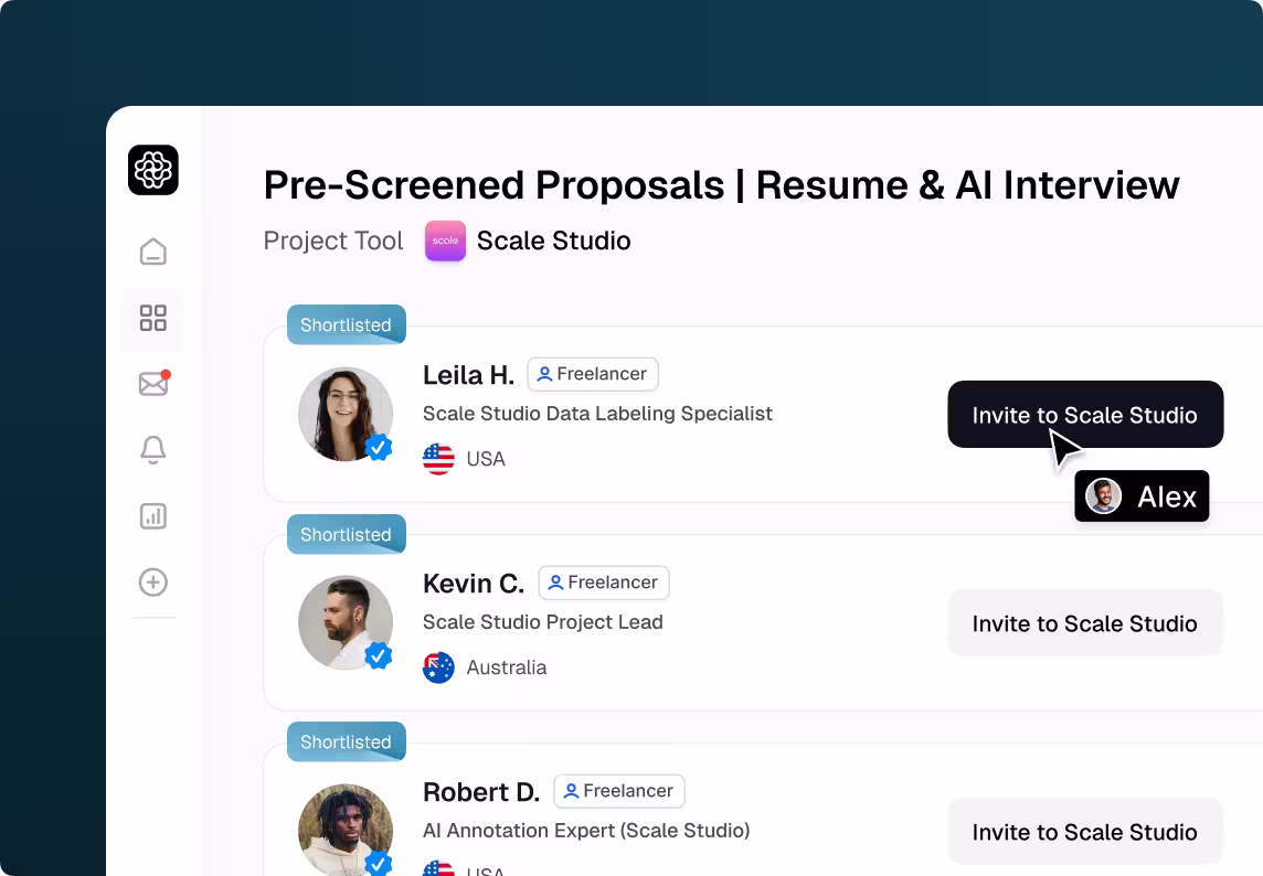 OpenTrain proposals view listing pre-screened Scale AI Trainers and AI Data Labelers with buttons to invite selected freelancers into a Scale AI workspace.