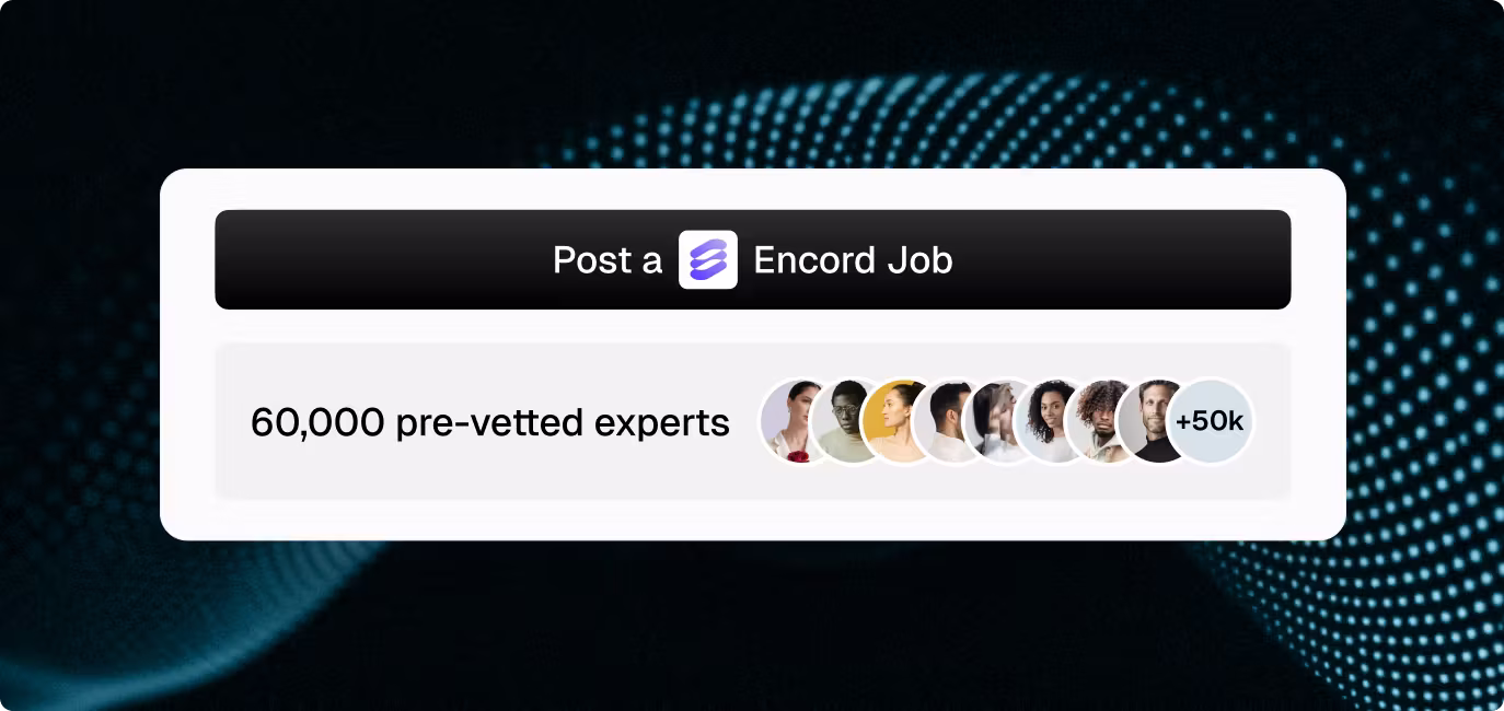 OpenTrain card showing “Post an Encord Job” with access to pre-vetted Encord AI Trainers and AI Data Labelers.