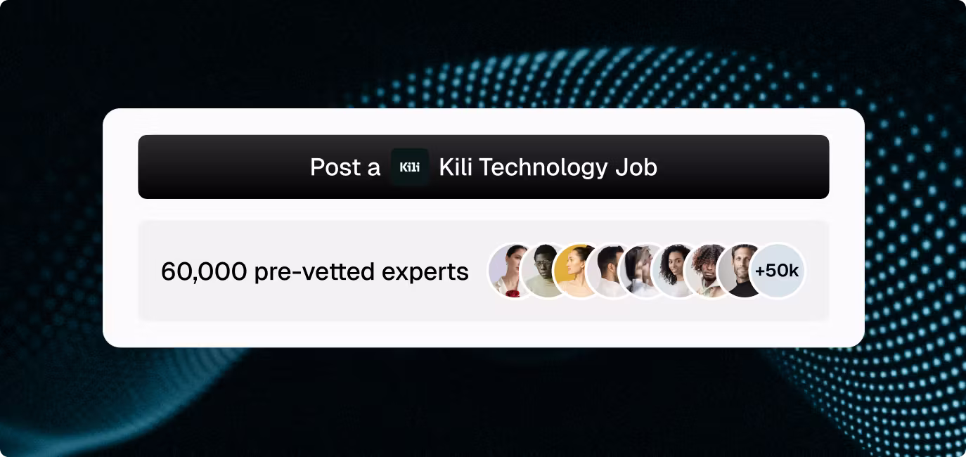 OpenTrain card prompting you to post a Kili Technology job and reach a pool of pre-vetted Kili AI Trainers and AI Data Labelers.