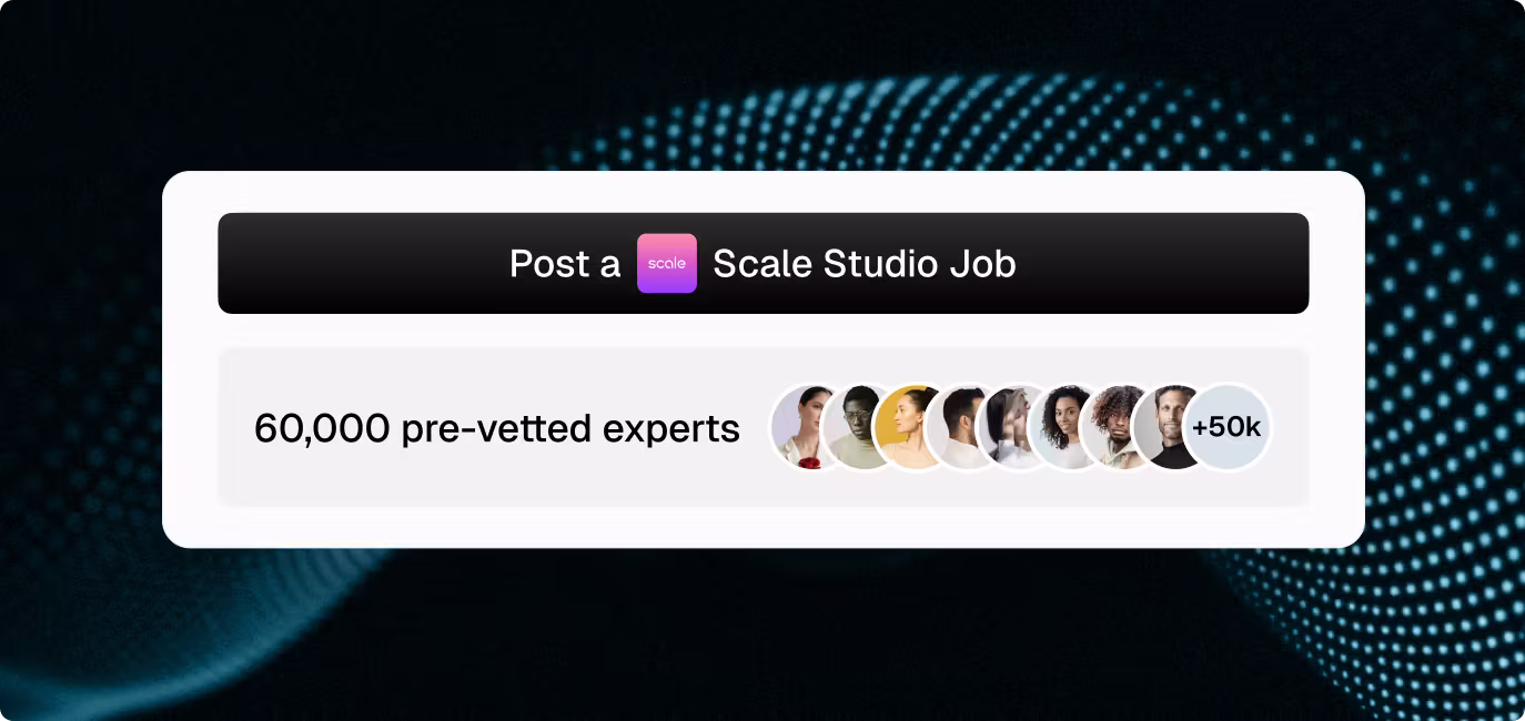 OpenTrain card prompting you to post a Scale Studio job and tap a pool of pre-vetted Scale AI Trainers and AI Data Labelers.