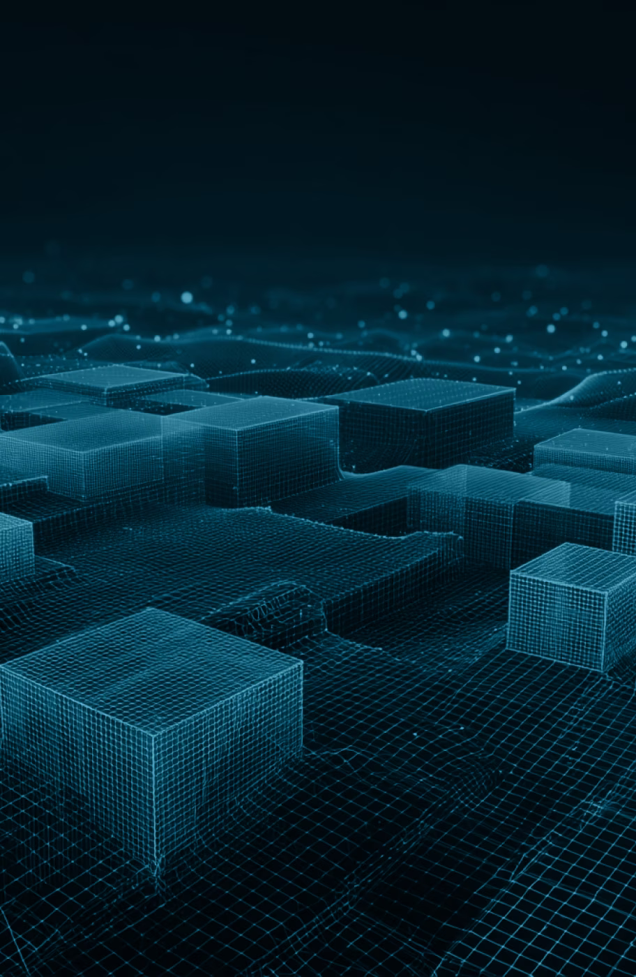 Stylized 3D LiDAR point cloud illustration showing cubic structures used as a visual background for 3D and LiDAR annotation quality metrics on OpenTrain.
