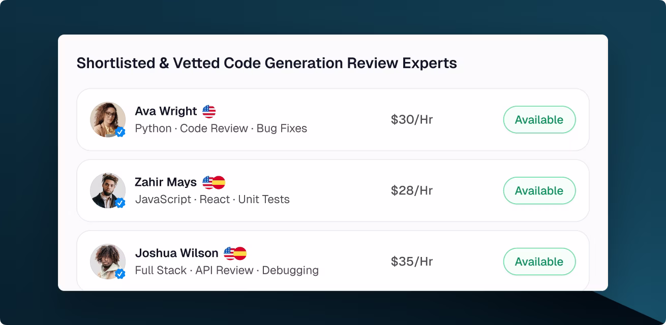 Three code generation review experts available for hire on OpenTrain with skills in Python, JavaScript, and full stack review.