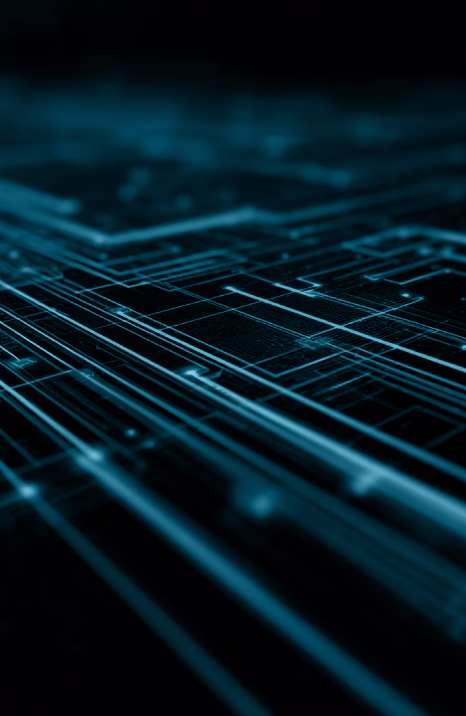 Abstract technology background with blue lighting and code-like circuit patterns representing AI code review.