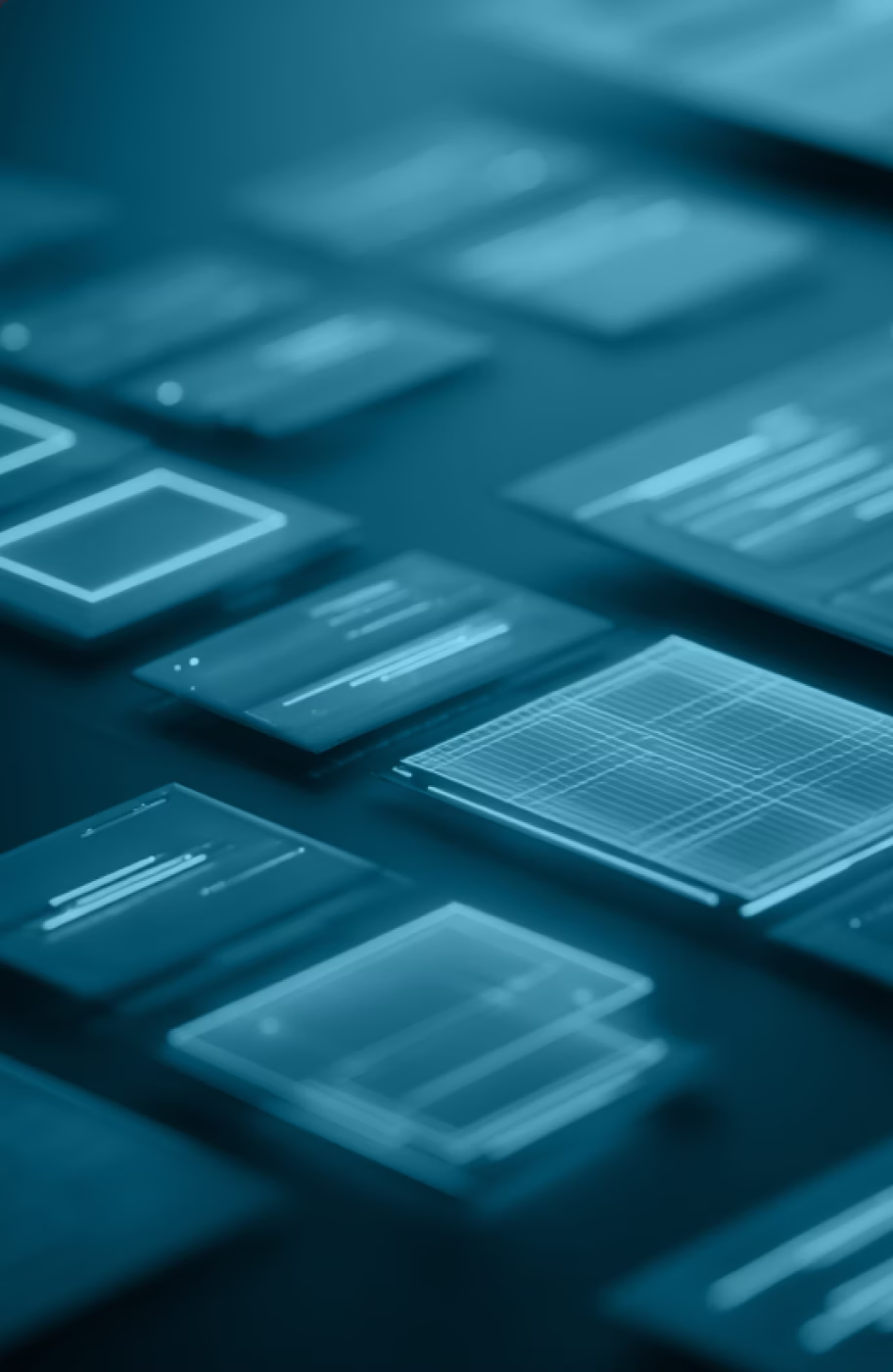 Abstract technology background with blue lighting and layered document-like patterns representing document processing and OCR.