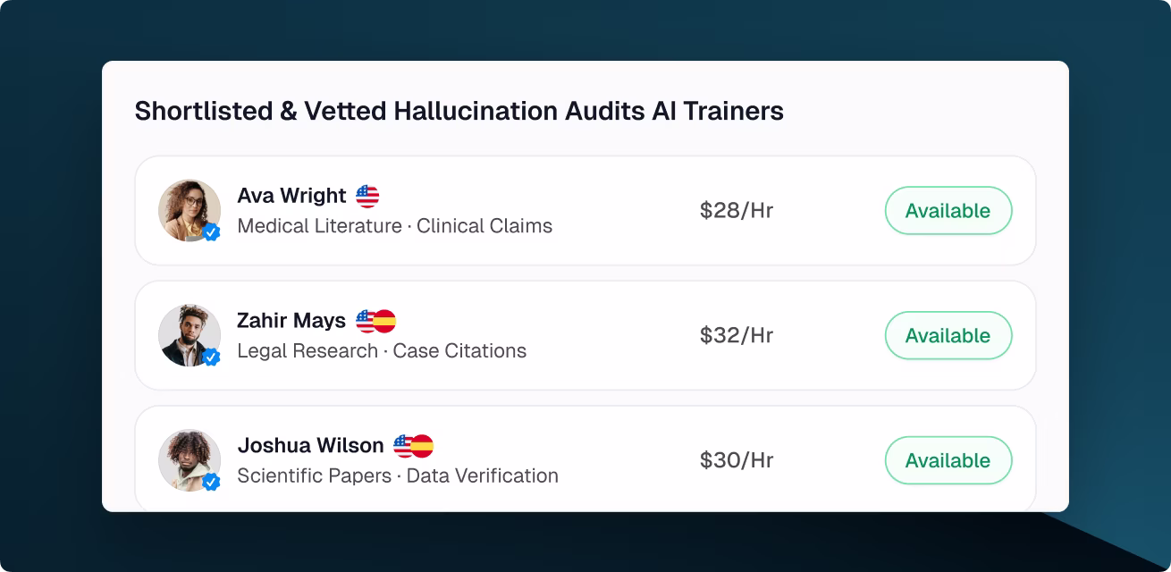 Three hallucination audit experts available for hire on OpenTrain with specializations in medical, legal, and scientific fact verification.