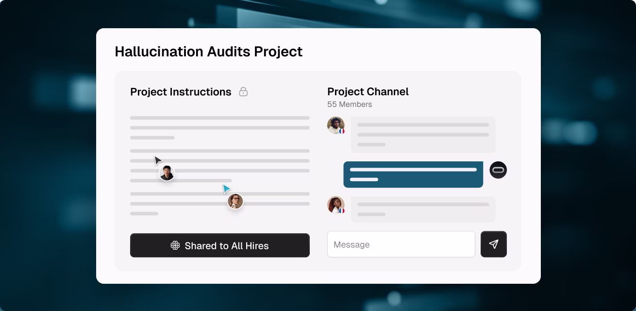 OpenTrain project hub for hallucination audits with live instruction editor and team chat channel for managing researchers.