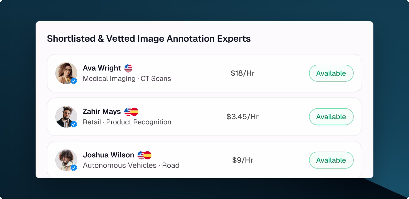 Three image annotation experts available for hire on OpenTrain with specializations in medical imaging, retail, and autonomous vehicles.