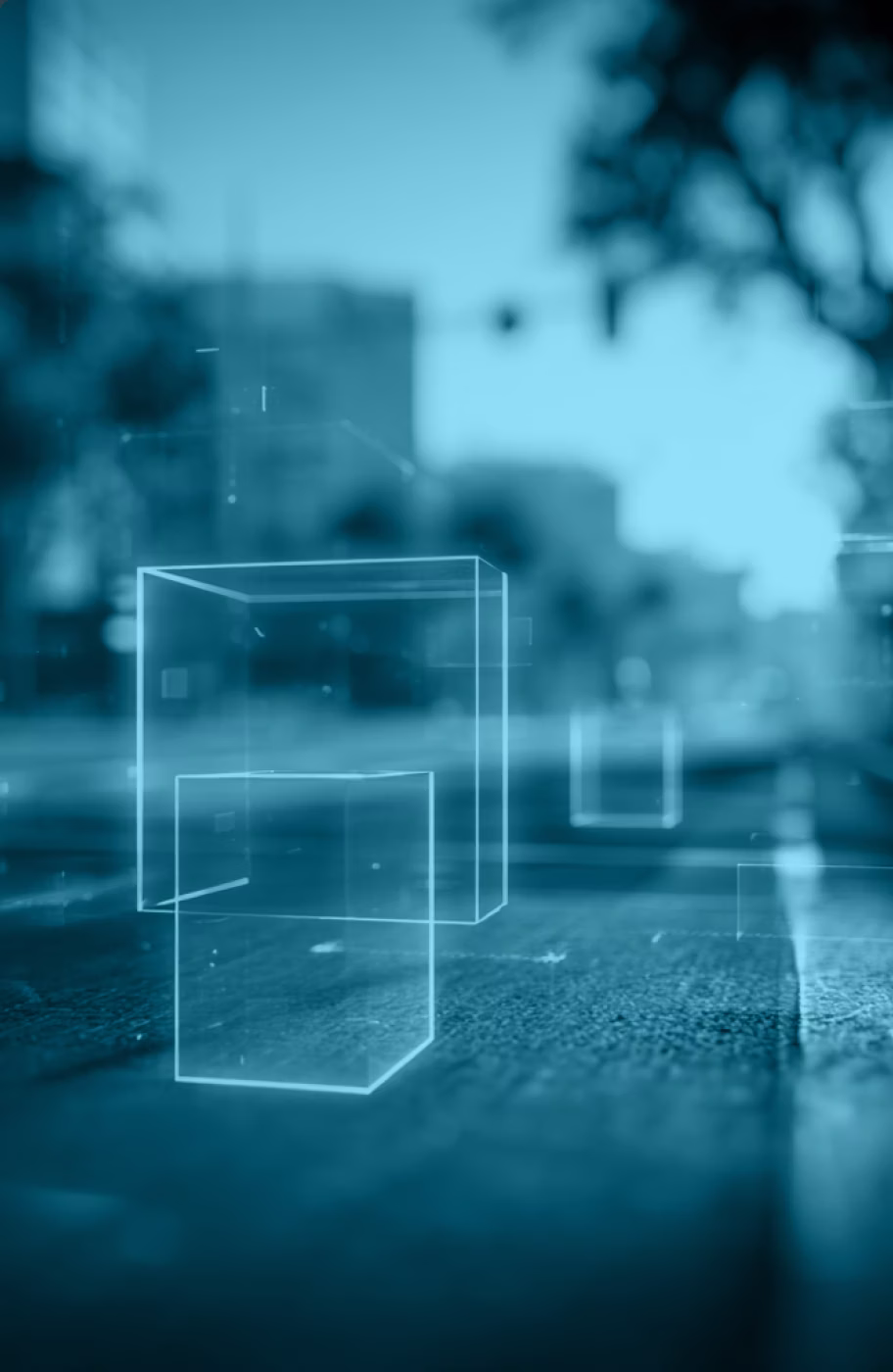 Abstract image showing 3D bounding box wireframes representing computer vision and image annotation work.