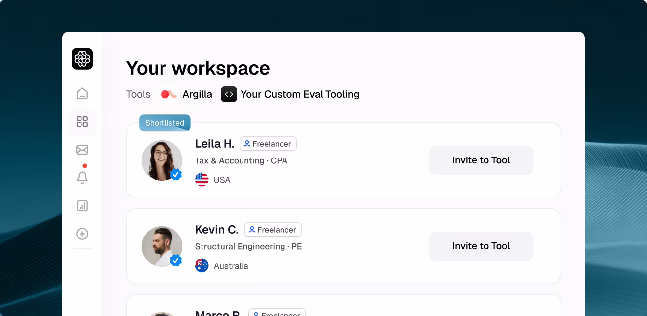 OpenTrain workspace showing shortlisted LLM evaluation experts with credentials in accounting, engineering, and biology ready to invite to your tools.